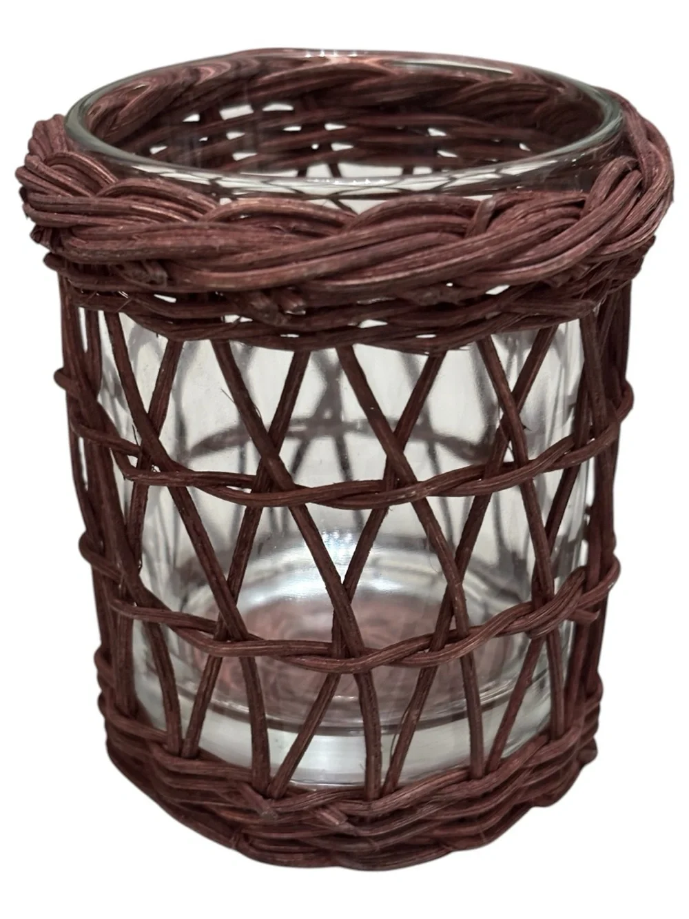 Vintage Rustic Brown Wicker Glass Tea Light Votive Candle Holder Coastal Boho